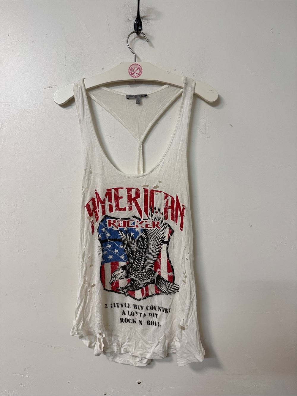 Charlotte Russe White Graphic Tank with Red and Blue Print Y2K